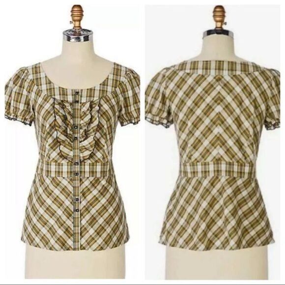Anthropologie Edme & Esyllte Highlands Plaid Cottagecore Ruffle Short Sleeve Top - Picture 1 of 9
